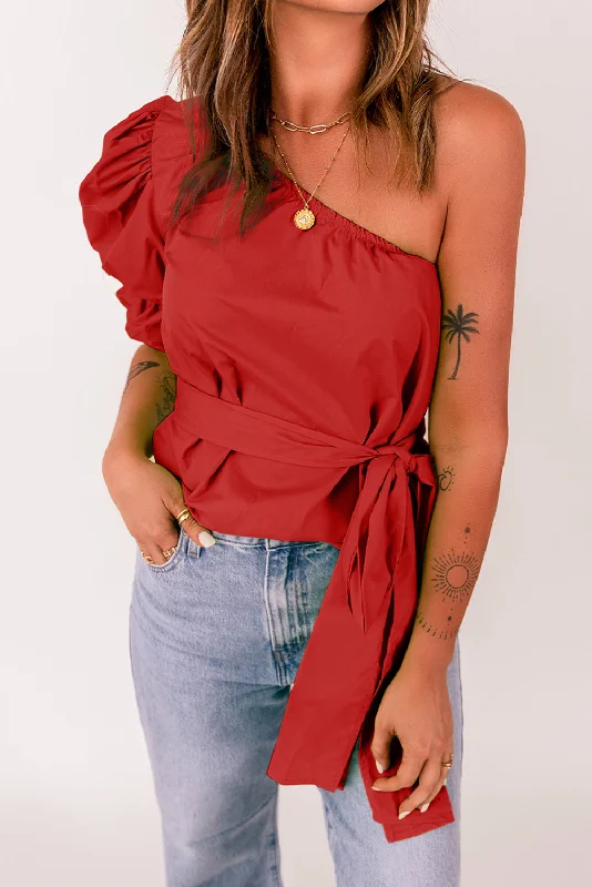 Savings Event Tied Puff Sleeve One-Shoulder Top
