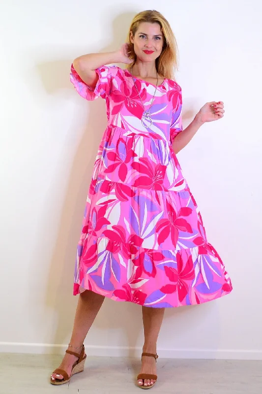 Weekend Savings Fiesta Pink Purple Floral Midi Tunic Dress