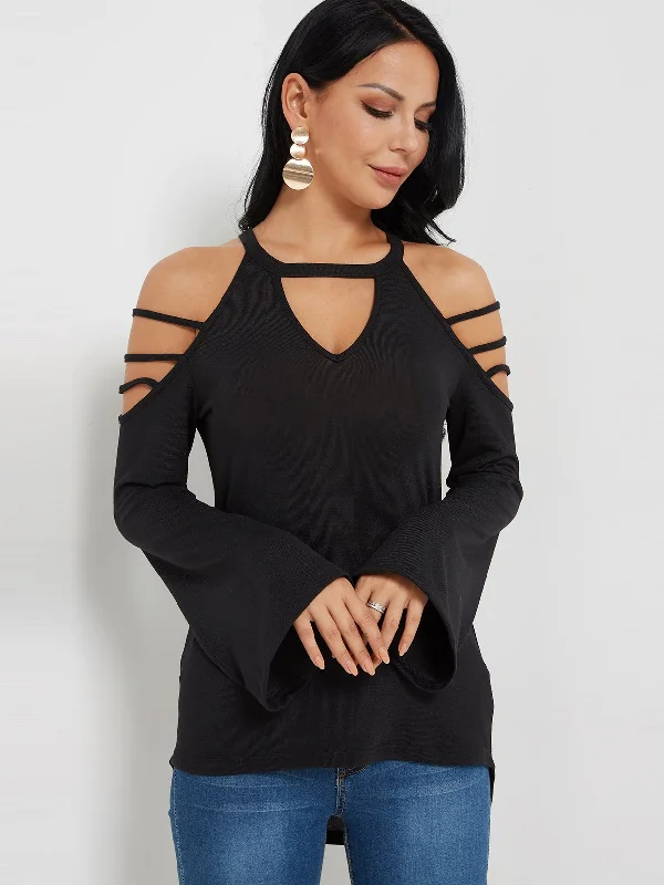 Discount Mania Custom Round Neck Cold Shoulder Cut Out Long Sleeve Black Top