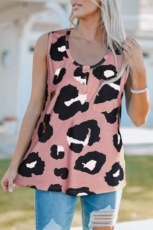 While Supplies Last Pocketed Leopard Round Neck Tank
