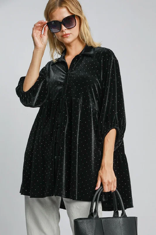 Quick Sale Umgee Full Size Polka Dot Button Up Half Sleeve Shirt