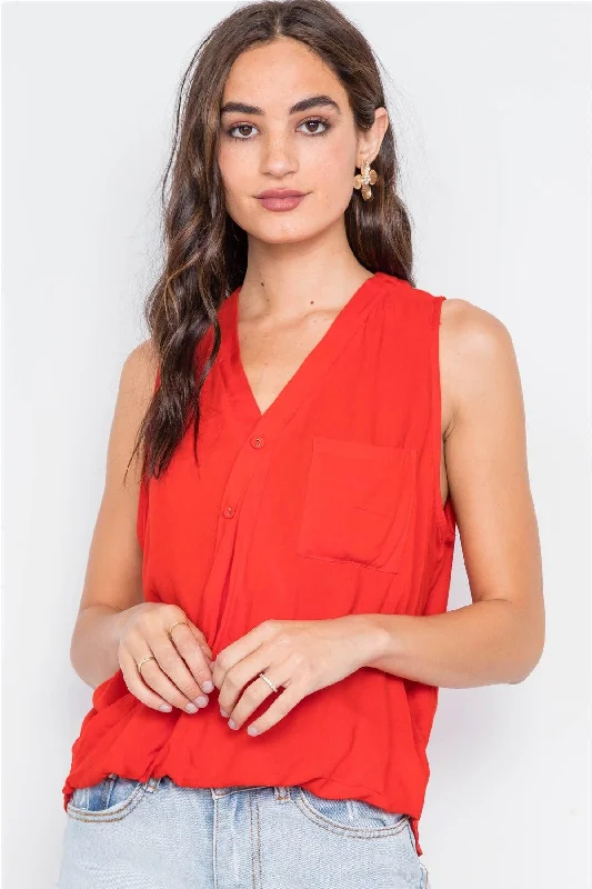 Price Reduction Tomato Surplice Neck Button Front Sleeveless Top