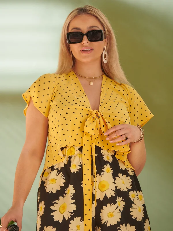 Weekend Deal All Over Print Tie Front Short Sleeve Deep V Neck Crop Plus Size Blouse