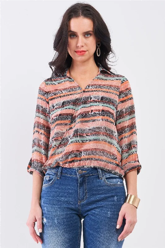 Weekend Discounts to Indulge In Coral Multi Print Wrap Collared V-Neck Rolled-Up Sleeve Front Pockets Back Cut-Out Detail Shirt Top Weekend Discounts to Indulge In Coral Multi Print Wrap Collared V-Neck Rolled-Up Sleeve Front Pockets Back Cut-Out Detail Shirt Top