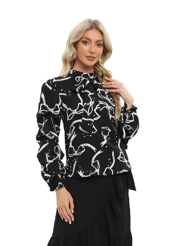 Epic Value Black Tiered Long Sleeve Blouse with Front Tie