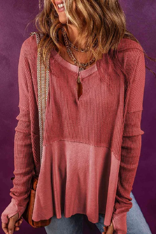 Sale Event Notched Neck Long Sleeve Slit Blouse