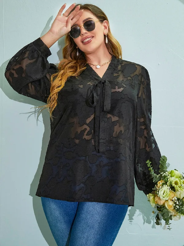 Clearance Sale Plain Tie Front Long Sleeve V Neck Semi-Sheer Long Plus Size Blouse