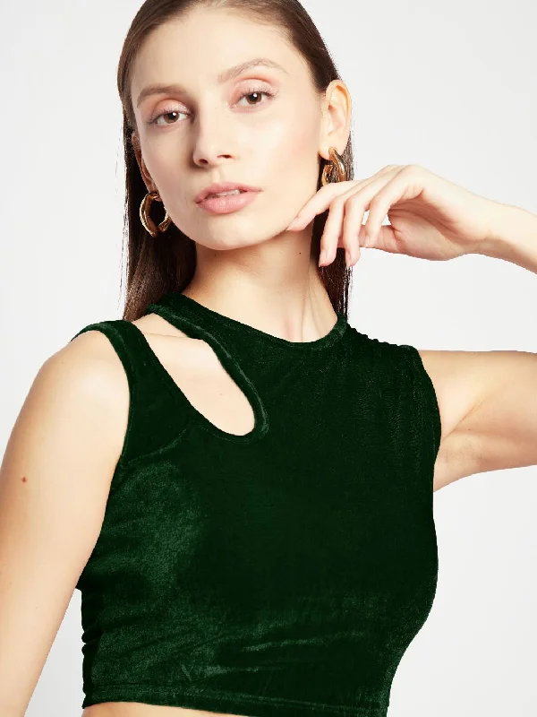 Value Deals Stretchable Velvet Shoulder Cutout Crop Top