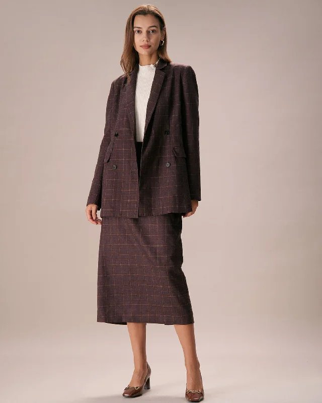 YEAR-End Sale The Coffee Lapel Double Breasted Plaid Blazer