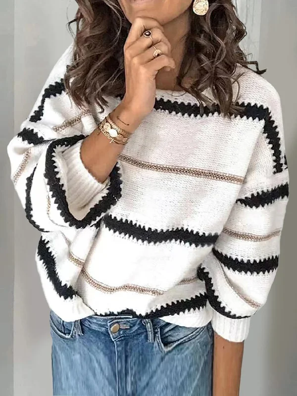 Sale Event Contrast Striped Round Neck Long Sleeve Sweater | Winter Fashion