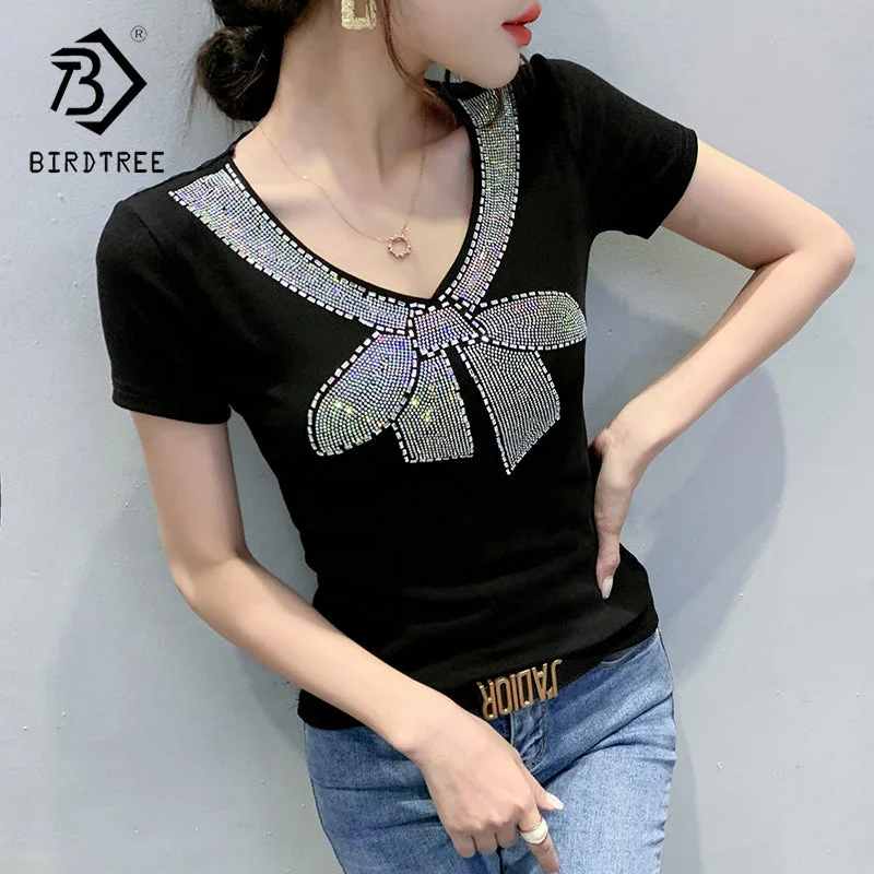 New Deal Black T-Shirt Women New V-neck Handmade Diamonds Beading Bow Sexy Transparent Back Women Tops Tees Short Sleeve Summer T25601