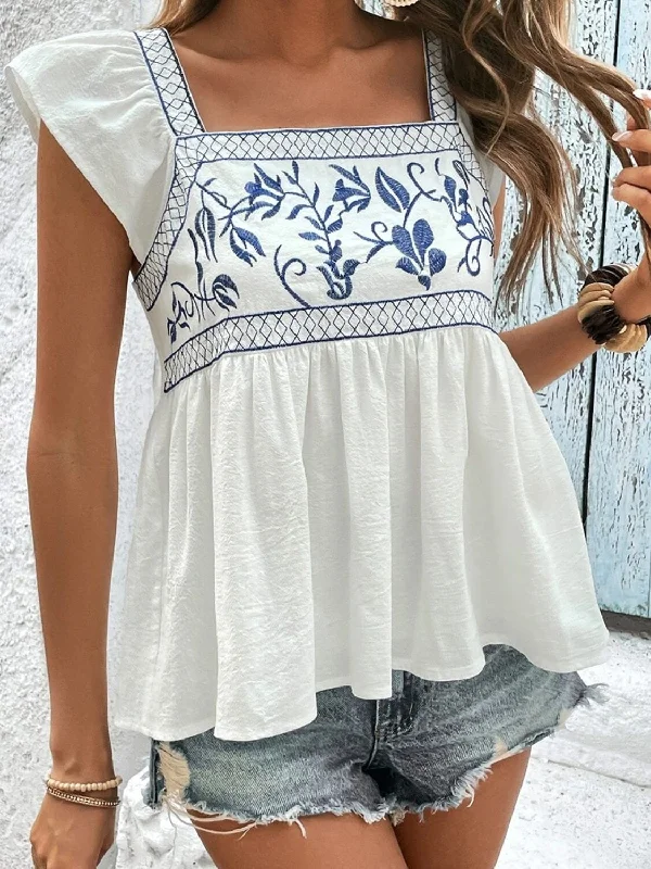 Weekend Deals That Please Tied Embroidered Ruffled Square Neck Cap Sleeve Blouse
