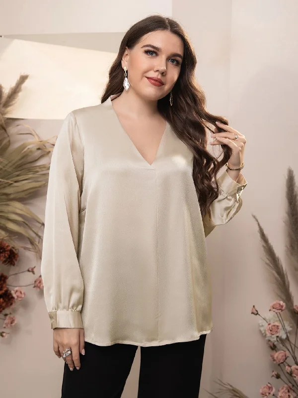 Final Clearance Plain Long Sleeve V Neck Long Plus Size Blouse