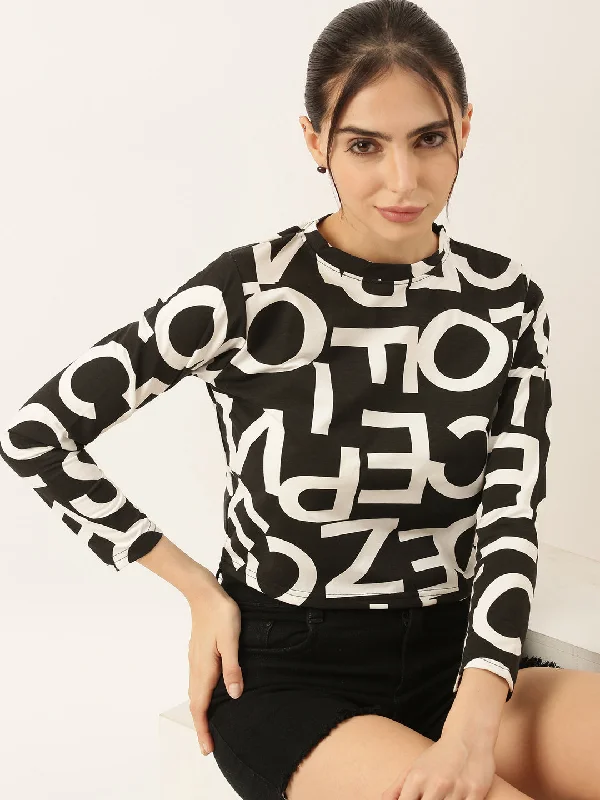 Price Smash Women Black Printed Crop T Shirt