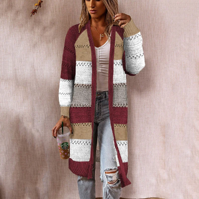 Weekend Deals That Dazzle Casual Color Clashing Plaid Patchwork Loose Knit Cardigan Jacket Wholesale Womens Clothing