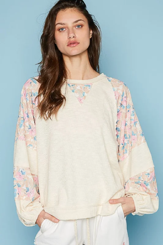 Steals and Deals POL Round Neck Balloon Floral Long Sleeve Top