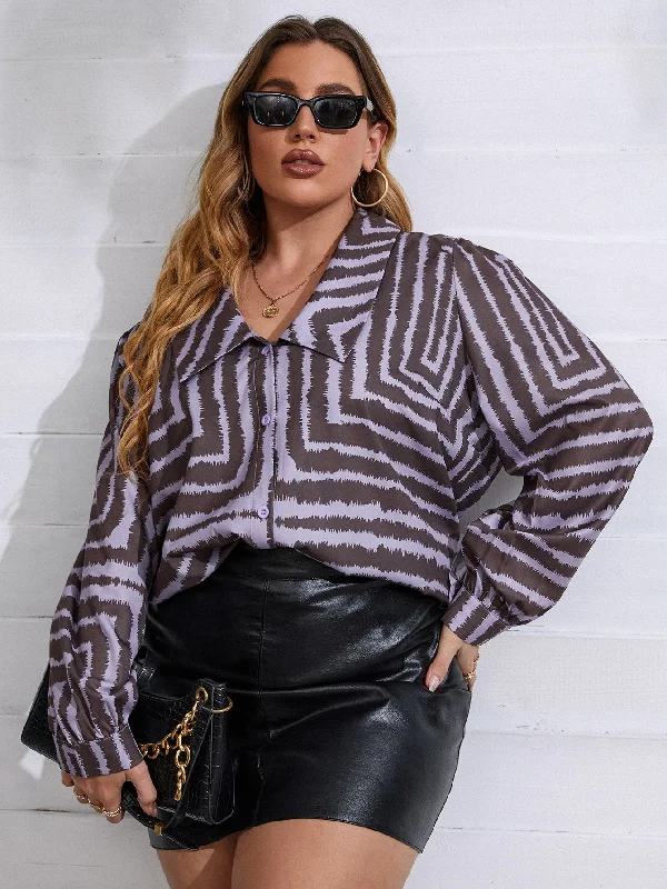New Arrival All Over Print Button Front Long Sleeve Collar Long Plus Size Blouse