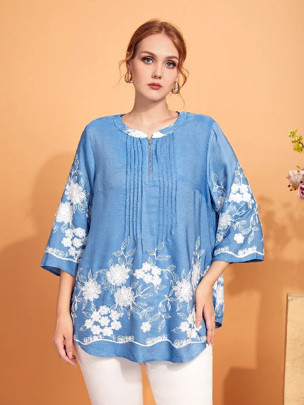 Markdown Madness Floral Zipper Three Quarter Length Sleeve Round Neck Long Plus Size Blouse