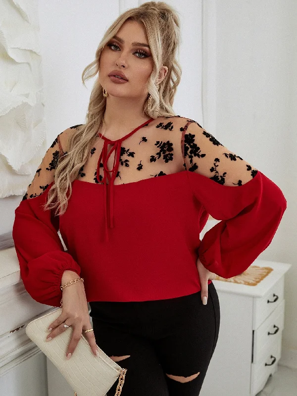 Fantastic Savings Floral Tie Front Long Sleeve Round Neck Regular Plus Size Blouse