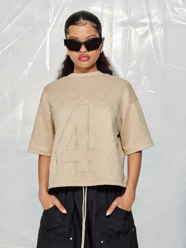 Lowest Prices SUMWON WOMEN Suedette Round Neck Drop Shoulder Boxy Sleeves Embroidered T-Shirt