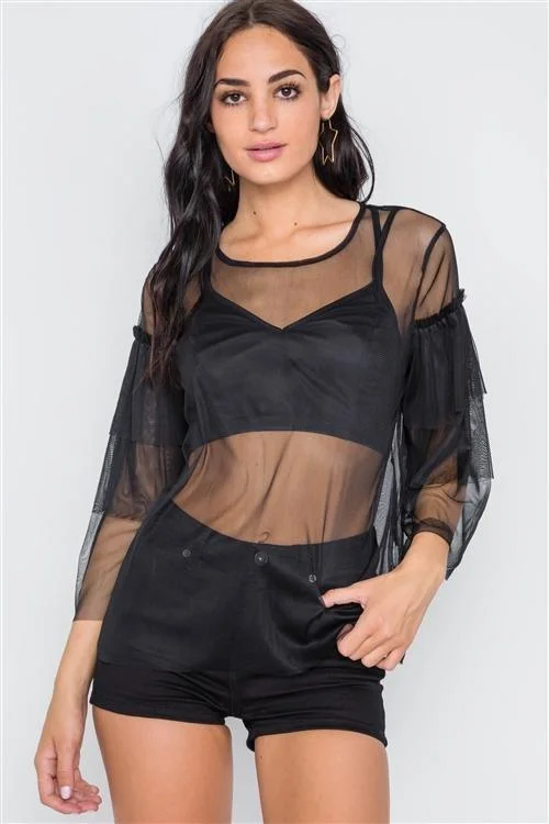 Markdown Madness Black Sheer Two Piece Mash Long Sleeves Top