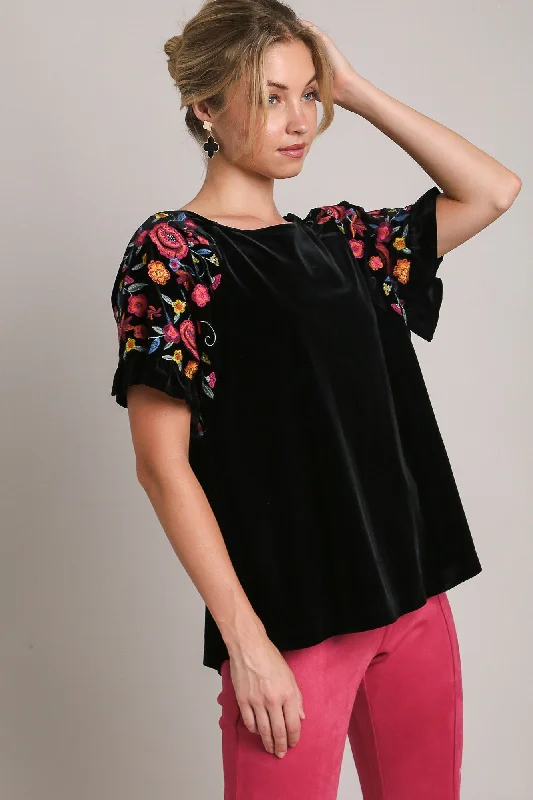 Limited Time Offer Umgee Full Size Velvet Embroidery Short Sleeve Blouse