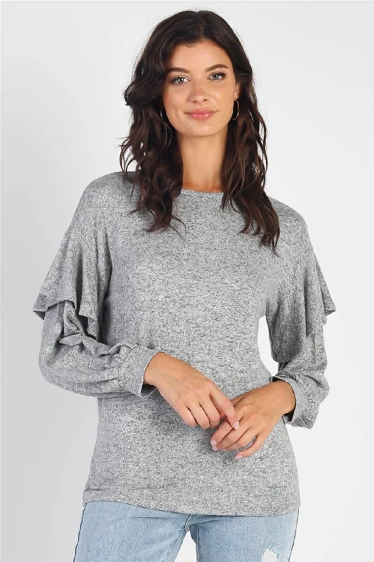 Big Discounts Heather Grey Ruffle Shoulder Detail Long Sleeve Top