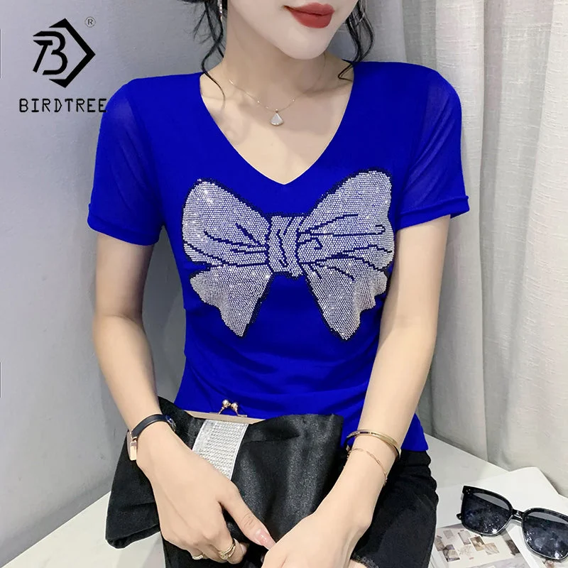 Online Specials Sexy Mesh T-shirt Women Summer V-neck Handmade Diamonds Beading Bow Slim Stretchy Women Tops Tees Black Blue Short Sleeve T25602