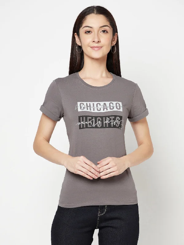 Extra Discount Women's Casual Regular Short Sleeve Grey   Round neck Typographic Print T-Shirt