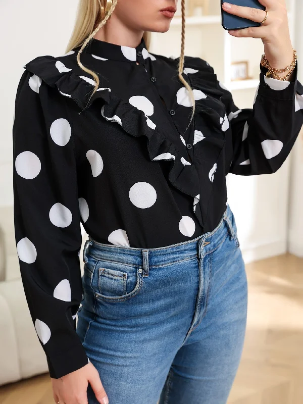 Weekend Bargains to Indulge In Polka Dot Ruffle Long Sleeve Stand Collar Regular Plus Size Blouse