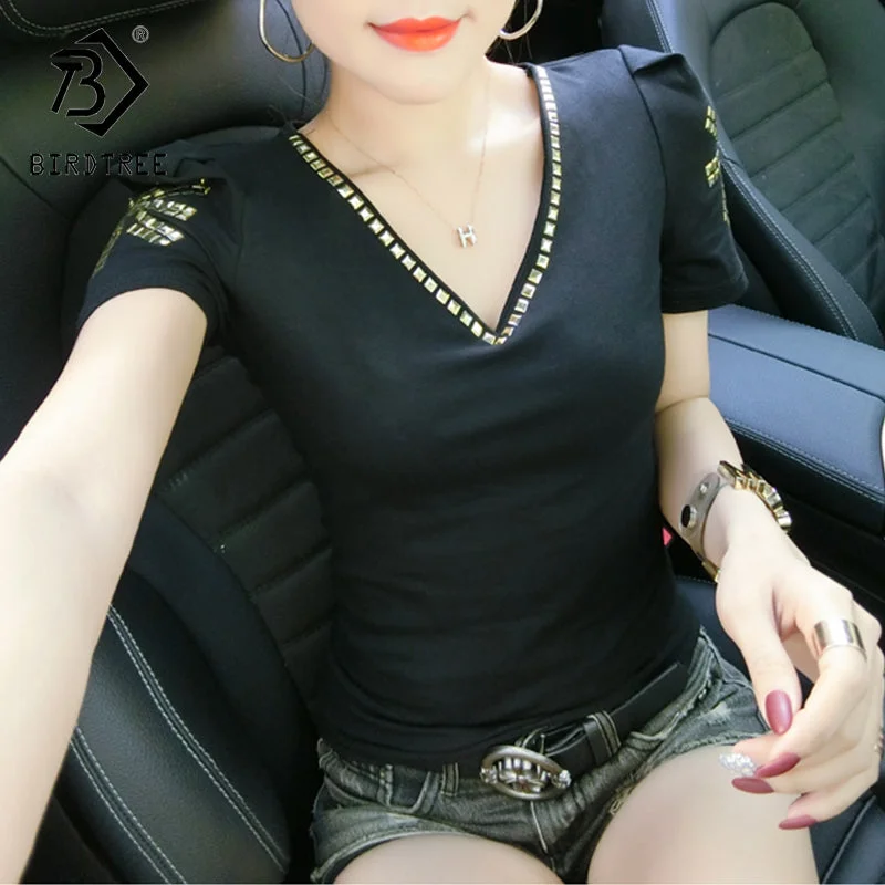 Fantastic Savings Black T-Shirt Women New V-neck Handmade Rivet Beading Sexy Transparent Back Wings Women Tops Tees Short Sleeve Summer T25908