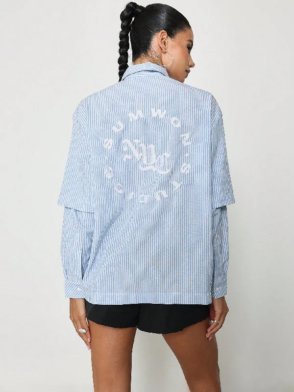Weekend Deal SUMWON WOMEN Double Layer Pinstripe Shirt With Embroidered Design