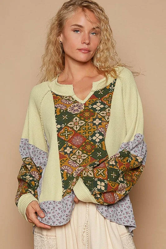 Weekend Special POL Exposed Seam Printed Notched Raglan Sleeve Knit Top