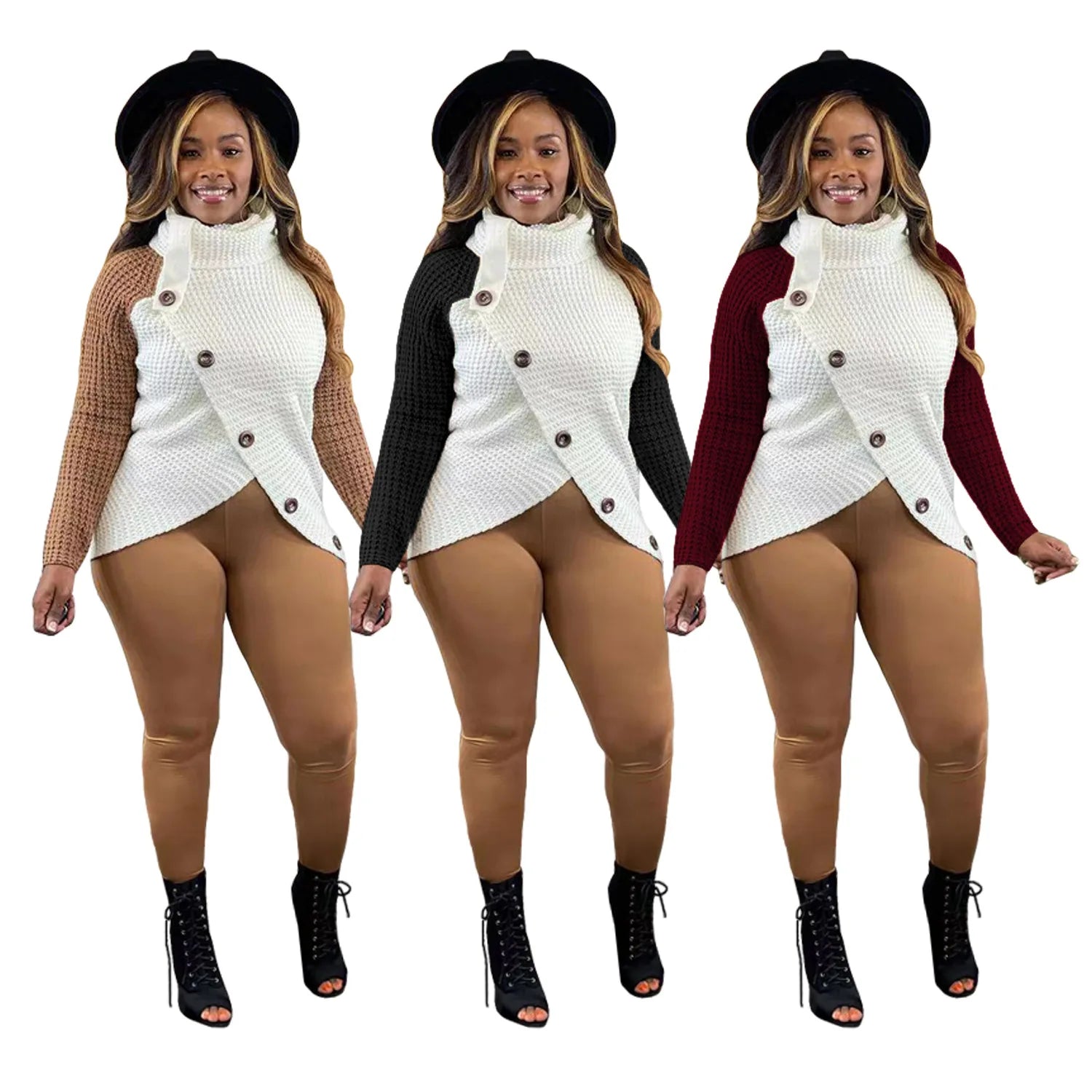 Weekend Savings Fiesta Ladies Knitted Sweater Women Fashionable Sweater Tops with Colorful Patchwork Trendy Pullover Knitted Sweater with Turtleneck
