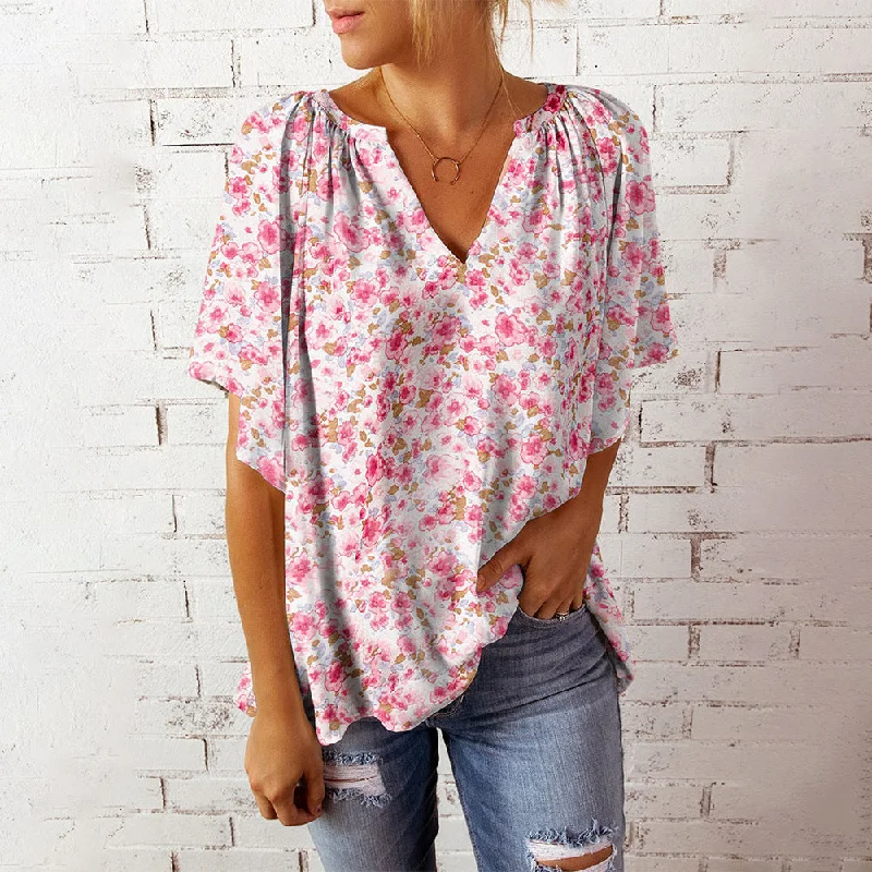 Weekend Savings Spectacle Casual Print V-Neck Short Sleeve Single-Breasted Blouses Womens T Shirts Wholesale