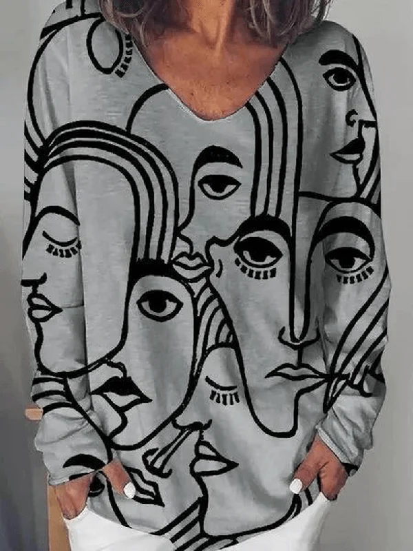 Don't Wait Women Art Abstract Character Print Loose Long Sleeve Casual T-Shirt
