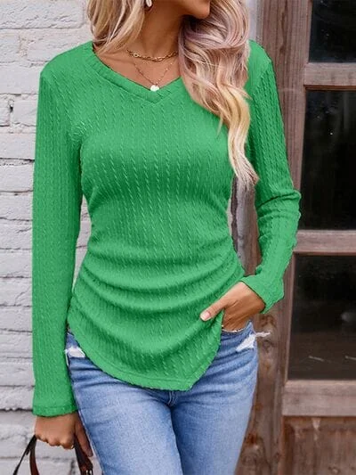 Act Now Textured Ruched V-Neck Long Sleeve Top