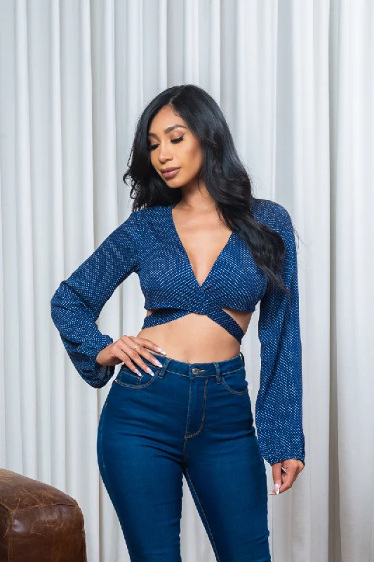 Limited Availability Polka Dot Long Sleeve Wrapped Waist Tie Back Crop Top in Navy & White (1751108)