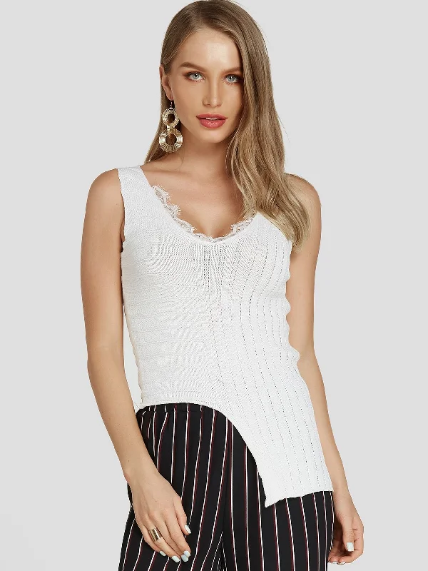 Act Fast Custom Asymmetrical Lace Sleeveless White Tank Top
