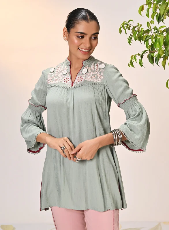 Seasonal Clearance Rifa Basil Green Embroidered Crinkled Crepe Top for Women