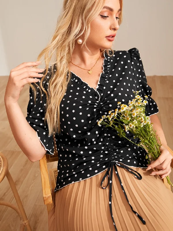 Today Only Polka Dot Frill Half Sleeve V Neck Regular Plus Size Blouse