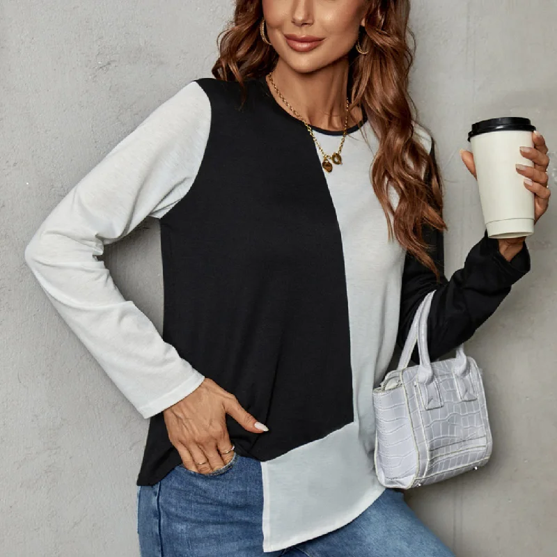 Now or Never Casual U-Neck Splicing Tops Wholesale Womens Long Sleeve T Shirts
