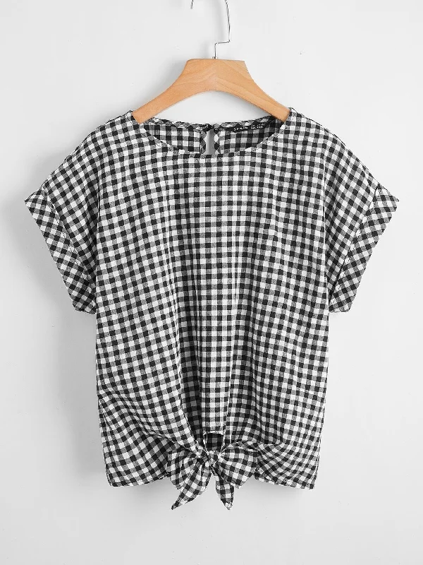 Best Choice Gingham Knot Short Sleeve Round Neck Regular Plus Size Blouse