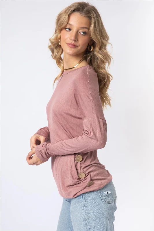 Lowest Price Mauve Side Bottom Button Detail Long Sleeve Top