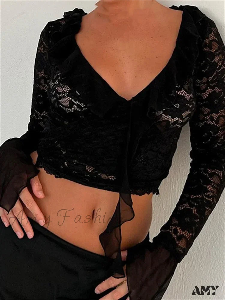 Instant Discount Amy Fashion - Lace Flora Flare Sleeve V Neck Ruffles Mesh Sheer T-shirts