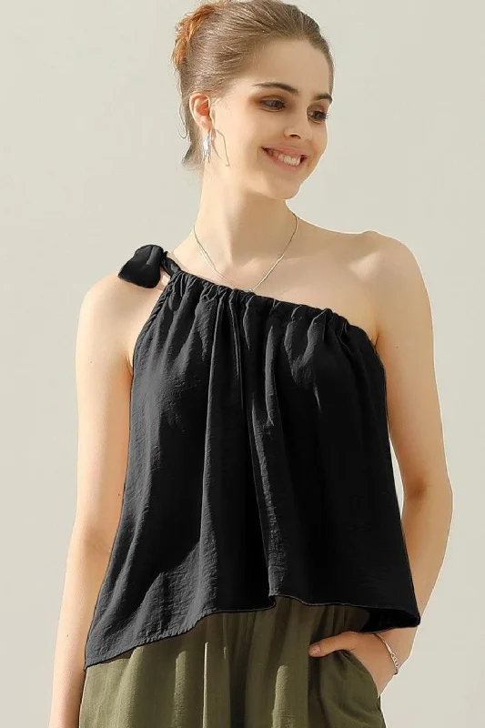 Act Fast One Shoulder Bow Tie Strap Satin Silk Top
