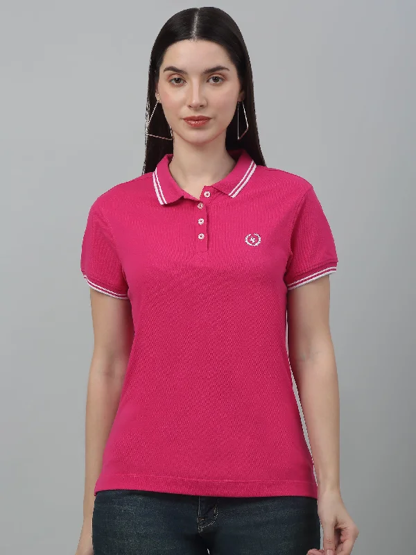 Discount Deals Women's Casual Regular Short Sleeve Dark Pink Polo neck  T-Shirt
