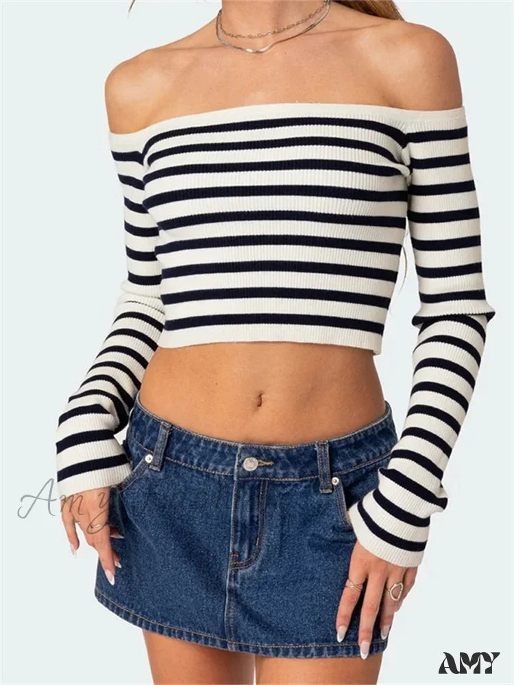 Special Discount Amy Fashion - Long Sleeve Off-shoulder Striped  Exposed Navel T-Shirts