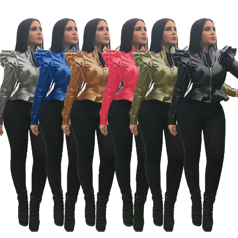 Shop the Weekend Away 90327-MX56 Short Style Ruffles black leather Jackets For Women sehe fashion Shop the Weekend Away 90327-MX56 Short Style Ruffles black leather Jackets For Women sehe fashion