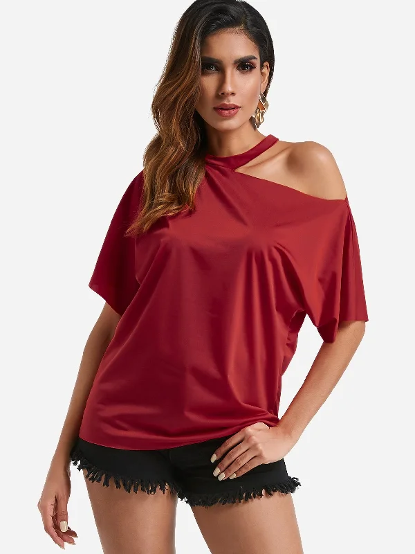 Exclusive Offers Custom One Shoulder Cut Out Short Sleeve Red Top